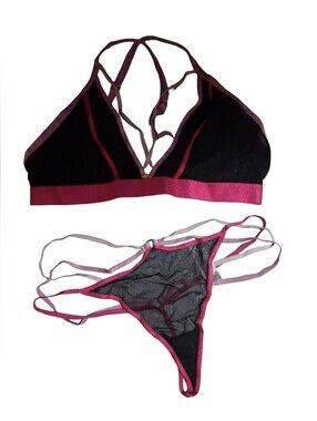 Clothes: Parade Bralette & Thong Panty Set - Black & Pink - MEDIUM & LARGE